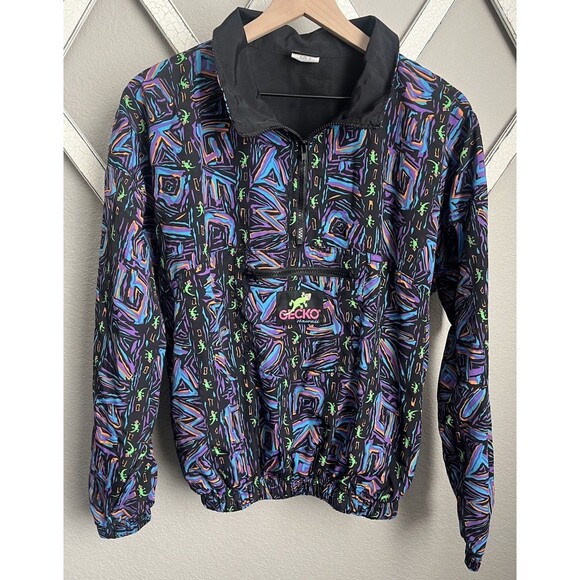 Gecko Hawaii Other - Vintage Gecko Hawaii size S Pullover Windbreaker Jacket Black/Multicolor